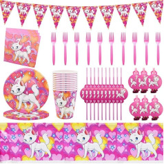 IOSCDH Marie Cat dzimšanas dienas svinību komplekts Marie Cat Party galda piederumu komplekts Aristocats Party Supplies Plate Cup Triangular Flag galdauts Salmu dakša Party Fork Party Tableware Pack of 68