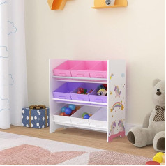 [En.casa] Boiro bērnu plaukts, stāvošs ar 9 atlokāmām kastītēm, vienradzis, rotaļlietu glabāšanas plaukts, 59,5 x 62 x 29,5 cm, balts/rozā/violets krāsā