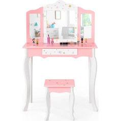 Dreamade Vaikų tualetinis staliukas su veidrodžiu ir taburete, medinis vaikų tualetinis staliukas, vaikų kambario baldai, mergaičių ir berniukų tualetinis staliukas (rožinis)