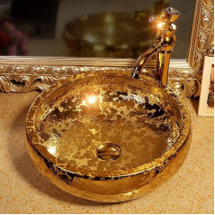 Jdzjybqx Galda izlietne Zelta keramikas izlietne Luksusa porcelāna vannas istabas izlietne bāriem un maziem skapjiem, tikai 1 izlietne