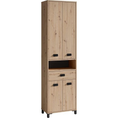 Byliving Wellness 04 Tall Cabinet with Robust, Easy-Care Melamine Surface in Artisan Oak Look, Lots of Storage Space, 4 Doors, 1 Drawer, Open Compartment, Wood Material, Brown, W 54, H 193, D 31 cm