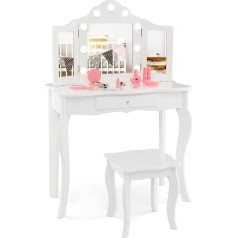 Costway 2-in-1 Children's Dressing Table, Dressing Table with LED Lights, Folding Mirror & Drawers, Cosmetic Table Princess for Children Girls (White)