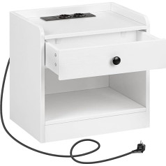 Hoobro Bedside Table with Charging Station, Side Table with Drawer and Open Compartments, USB Ports and Sockets, Storage Shelf, Side Table for Bedroom, Living Room, White EWT282BZ01