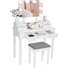 Anwbroad BDT03W Dressing Table with 8 LED Bulbs Mirror and Stool 7 Drawers Divider Tilt Protection Luxury 80 x 40 x 135.5 cm Bedroom Jewellery Storage White