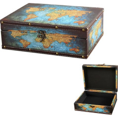 Likeudo Koka dekoratīvā uzglabāšanas kaste PU vāks Pasaules kartes izskats Koka kastīte Mājas apdare (27 cm x 21,5 cm x 9,5 cm)