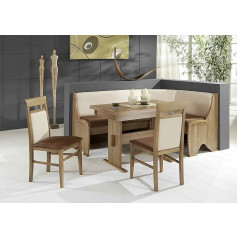 Howe-Deko Corner Bench Set, Noce Dekor; Corner Bench, 2 Chairs and Cheek Foot Table with Pull-Outs, Round Corners and Solid Applications Noce-Coloured; Cover: Microfibre Combi Brown Vanilla; Variable Assembly