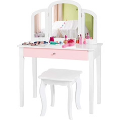 Costway Bērnu 2-in-1 tualetes galdiņa komplekts, tualetes galds ar trīskāršu saliekamo spoguli un atvilktni, princeses kosmētikas galds ar grima tabureti, bērnu tualetes galds bērniem un meitenēm (balts)