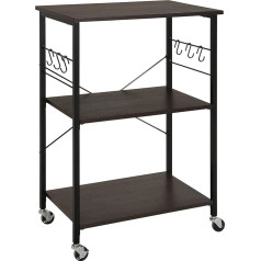 Amazon Basics 60cm Black / Brown Kitchen Microwave 6 Hooks 3 Shelves Trolley with Wheels