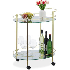 Relaxdays Serving Trolley, Kitchen Trolley with 2 Levels and Bottle Holder, H x W x D: 79 x 45 x 65.5 cm, Metal and Glass, Brass