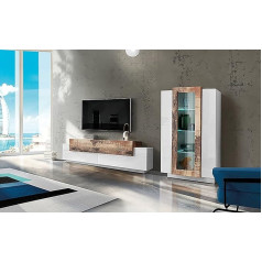 Dmora Itālijā ražota moduļu sekcija ar baltu LED apgaismojumu, TV statīvs un vitrīna, moderns viesistabas komplekts, 290 x 45 x 121 cm, glancēta balta un kļavas krāsa