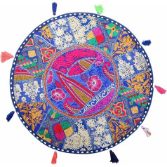 Sophia-Art Sophia Art Round Floor Pillow Boho Patchwork Pouf Osmanų derliaus Indijos Footstool Bean Bag grindų pagalvėlė namų dekoro Gyvenamasis kambarys Osmanų Bohemian pagalvėlė 18 colių (mėlyna)