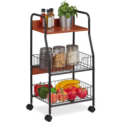 Relaxdays Kitchen Rolling Trolley, 3 Levels, Side Trolley for Supplies, Metal & MDF, Rolling Shelf, HBT: 76 x 39.5 x 30 cm, Black