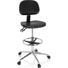 Hjh Office Top Work 24 830103 High Work Chair PU Hard Foam Black Work Stool with Backrest, Wheels and Glides