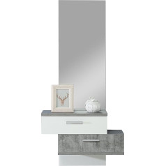 Forte SKIVE kompakts mēteļu pakaramais ar spoguli un 2 atvilktnēm, koka kompozīts, betona izskats kombinācijā ar baltu krāsu, 75,4 x 157 x 25,6 cm