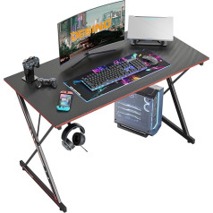 Desino 120 x 60 cm ergonomiškas kompiuterio stalas, stalas su anglies pluošto paviršiumi, tvirtas ausinių kabliukas žaidimams, mokymuisi, namams, miegamajam, juodas