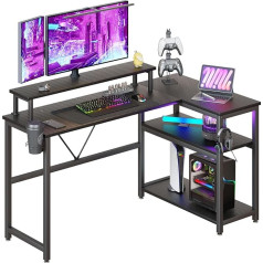 Heeyue Kompiuterio stalas, L formos žaidimų stalas su dideliu monitoriaus stovu, kampinis stalas su 2 sluoksnių lentyna, ausinių kabliukais ir puodelio laikikliu, kompiuterio darbo vieta namų biurui (juoda)
