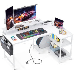 ODK L-Shaped Desk, Corner Desk White with USB Charging Port & Socket, Gaming Table L Shape with Shelf Reversible, L-shaped Computer Desk with Monitor Stand for Office