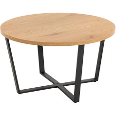 Ac Design Furniture Alberto apvalus medinis kavos staliukas, laukinio ąžuolo stalviršis su sukryžiuotomis juodomis metalinėmis kojomis, mažas kavos staliukas, svetainės staliukas, minimalistiniai svetainės baldai