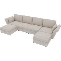 Suppneed Minkšta sekcijos U formos sofa su saugykla, atsitiktinis susiliejimas, galima naudoti dvigulę lovą, atramos rankoms sulankstomas lininis audinys, itin plati išskleidžiama sofa svetainei (smėlio spalvos)