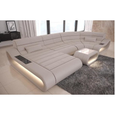 Sofa Dreams Living Room Concept U Shape Sofa in Leather with LED Lighting, Ergonomic Backrests, Chaise Longue / Leather Colours / Ottoman Available (Ottoman Left, Beige)