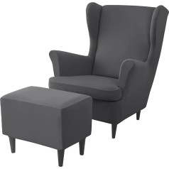 ‎Jhld JHLD Stretch Cover for Wing Chair with Ottoman Protective Cover, Spandex Cover for Wing Chair with Stool Cover with Elastic Base Wing Chair Protective Cover - Dark Grey - Pack of 3