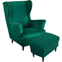 Highdi 2-Piece Velvet Wing Chair Cover with Ottoman Protective Cover, Armchair Throws, Wing Chair Protective Covers, Stretch Tiger Chair Cover with Armrest, High Backrest (Dark Green)
