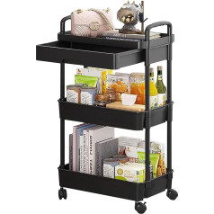 Duojin 3 Tier Rolling Utility Organiser Rack with Handle, Multifunctional Storage Trolley with Net Baskets and Lockable Wheels for Bathroom, Kitchen, Office, Classroom (Black)
