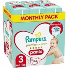 Pampers Premium Care autiņbiksītes, 3. izmērs, 6 kg - 11 kg, vislabākā Pampers aizsardzība un komforts viegli piestiprināmās autiņbiksītēs.