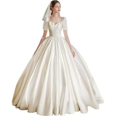 BONOOL O-Neck, Short Sleeves, Lace Up Back, Pearl Bowknot, Satin Ball Gown Wedding Dress with 100 cm Long Train