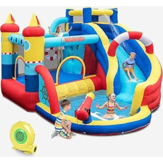 DREAMADE Bouncy Castle ar ūdens slidkalniņu, piepūšamā Bouncy Castle ar garu slidkalniņu, Bounce House ar ūdens lielgabalu un kāpšanas sienu bērniem 3-10 gadiem, 360 x 290 x 200 cm, āra Bouncy Castle (ar