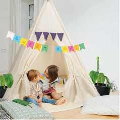 Vaikiška žaidimų palapinė Teepee Vaikiška palapinė, pagaminta iš 100 % natūralių medžiagų; vaikų kambario indėniška palapinė, pagaminta iš medvilnės ir medžio, skirta naudoti patalpose ir lauke (smėlio spalvos)