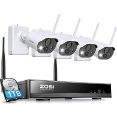 ZOSI 3MP āra novērošanas kameru komplekts ar akumulatoru, 4 bezvadu 2K WLAN IP kameras ar 8CH 1TB NVR, PIR kustības sensoru, divvirzienu audio, skaņas un gaismas signalizāciju, C306 Pro