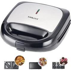 SOKANY 3-in-1 Multifunctional Device 750 W (Sandwich Maker, Waffle Iron, Doughnut Maker) Non-Stick Coated Plates, Double-Sided Baking, Automatic Temperature Control