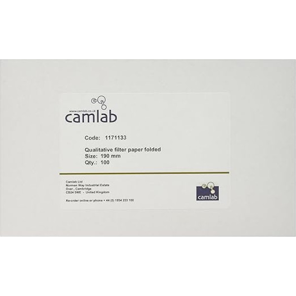 camlab 1171133 122P [114V] vispārējas nozīmes filtrpapīrs, salocīts, 190 mm diametrs (iepakojumā 100 gab.)