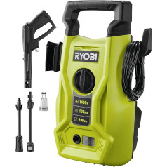 RYOBI RY100PWA Elektriskais spiediena mazgātājs 1400 W (100 bāru spiediens, 390 l/h plūsmas ātrums, 40° ūdens temperatūra, alumīnija sūknis, 5 m šļūtene, 5 m kabelis, ieskaitot Vario strūklas cauruli)