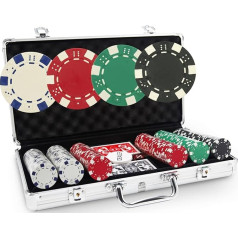 Case Dice Basic 300 žetonų - Case Poker 300 žetonų Pokerio kauliukai 11,5 g + aliuminio dėklas + 2 plastikiniai kortų žaidimai + dalintojo mygtukas