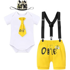 FYMNSI Baby Boys First Birthday Party Outfit kokvilnas īsām piedurknēm Romper + šorti + Y formas lencītes + cepure 4 gabalu apģērbu komplekts