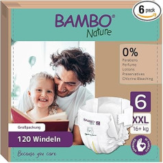 Bambo Nature bērnu autiņbiksītes 6 izmēra (16 + kg), 120 gab., mēneša iepakojums | Premium autiņbiksītes ar uzlabotu aizsardzību pret noplūdi | Lielisks komforts un brīvība aktīviem bērniem, dermatoloģiski pārbaudītas autiņbiksītes