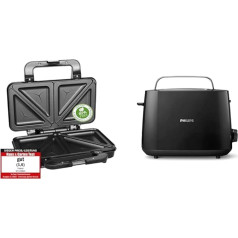 Emerio Double Sandwich Maker, BPA Free, Classic Shape for Triangular Sandwich, 900 Watt & Philips Toaster - 2 Toast Slots, 8 Levels, Bread Attachment, Defrost Function, Lift Function, Black