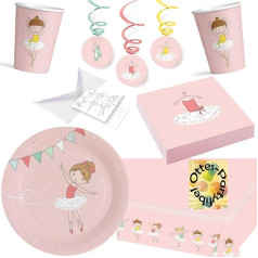 HHO Ballerina ballīšu komplekts Little Dancer Party Set 76 gabali 16 viesiem Šķīvji Krūzītes Salvetes 2 galdauti Ielūgumi Dekoratīvās spirāles