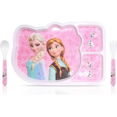 FINEX - 3 komplekts - Rozā saldētas saldētas princeses Elsa un Anna pusdienu pusdienu trauku komplekts - pārtikas produktu komplekts ar šķīvi, karoti un dakšiņu