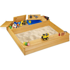 Relaxdays Sandpit with Mud Compartment, 10033854, Wooden / Plastic Sand Box with Bench, 125 x 120 cm, Children's Digging Box, Natural