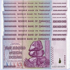 Zimbabves 500 miljonu dolāru x 10 banknotes 2008 UNC, Pasaules inflācijas rekords, Valūtas banknotes