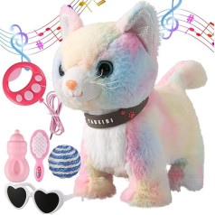 Marsjoy Colorful Leash Walking Cat Set Singing That Purrs and Meows Animated Plush Robot Kitten Moving Plush Realistic Stuffed Animal Remote Control Cute Kawai Robotic Kitty Toy for Girl