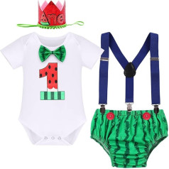 FYMNSI Baby Boys Watermelon First 1st Birthday Party Outfit Cotton Short Sleeve Romper Body Shorts Y Shape Braces Headband 4-Piece Clothing Set 1 Year Photo Shoot Costume Green, Green Watermelon