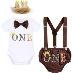 IBTOM CASTLE Baby Boys 1. dzimšanas diena Cake Smash apģērbs Jungle Bowtie Romper + bikšturi + šorti + lenta 4 gab. džentlmeņu apģērbu komplekts Svētku kristības kāzu fotoattēlu fotografēšana