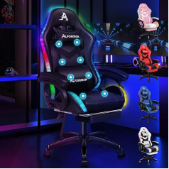 ALFORDSON spēļu krēsls ar 8 punktu masāžu, 12 krāsu RGB LED gaisma, ergonomisks biroja krēsls ar kāju balstiem, galvas balsta jostas spilvenu bērniem un pieaugušajiem, melns