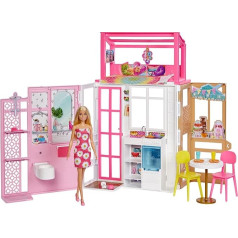 Barbie HCD48 leļļu mājas rotaļu komplekts ar lelli un māju ar 2 līmeņiem un 4 spēļu zonām, pilnībā mēbelēts, ar mājdzīvnieku un piederumiem, rotaļlietu dāvana bērniem no 3 gadu vecuma