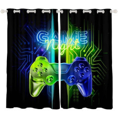 Loussiesd Spēļu logu aizkars Guļamistaba 175 x 140 cm Gamer Game Room Necaurspīdīgi aizkari Decor Boys Teenagers Children Gaming Curtain Blue Green Neon Gamepad aizkari Decor Set of 2 Panels