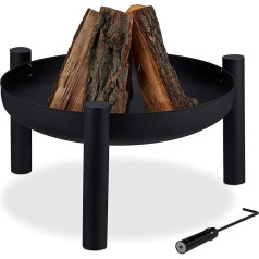 Relaxdays Fire Bowl, Diametrs 60 cm, Komplektā ietilpst pokers, Dārzs un terase, Āra ugunskura vieta, Ugunskura grozs, Tērauds, Melns